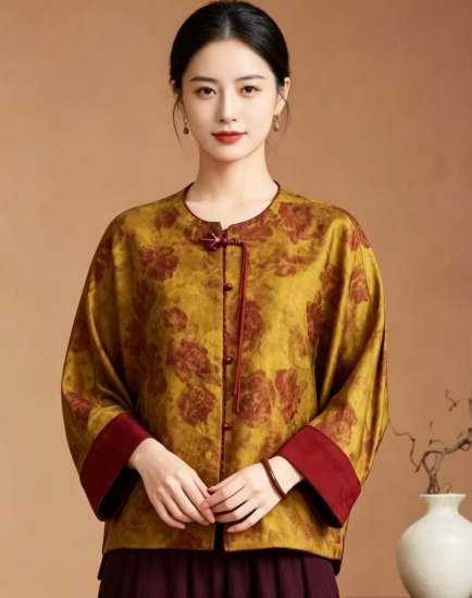 图片 【26XYR19】真丝香云纱中式金玫瑰外套